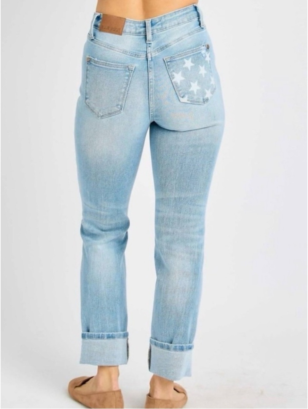 Judy Blue Light Blue Distressed Star Pocket Cuffed Jeans Size 7/28